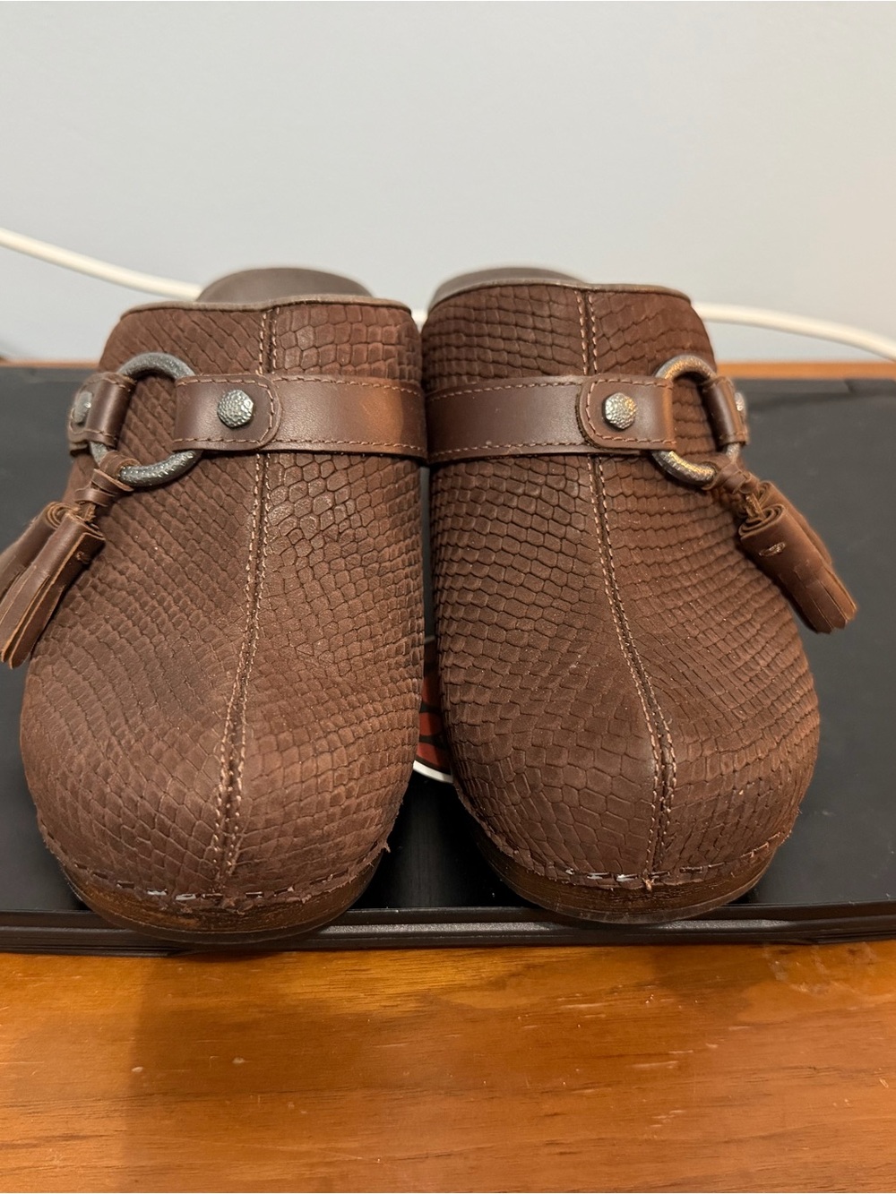 Dansko Brown Textured Leather Clog Mules with Tassel Accent